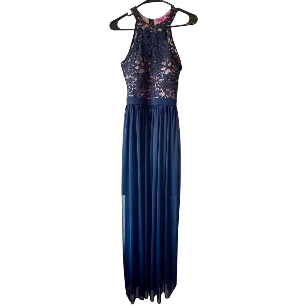 Morgan‎ & Co. Navy Lace Chiffon Halter Sleeveless Illusion Prom Gown Dress 7/8
